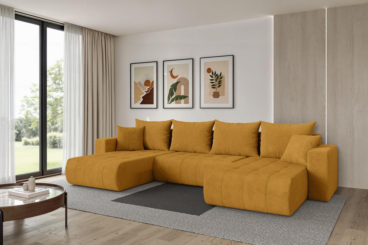 WOHNLANDSCHAFT mit Schlaffunktion und Bettkasten MILA-U 378x194x86 Senfgelb Cord - Dunkelgelb/Schwarz, Holzwerkstoff/Kunststoff (378/86/194cm) - ALTDECOR