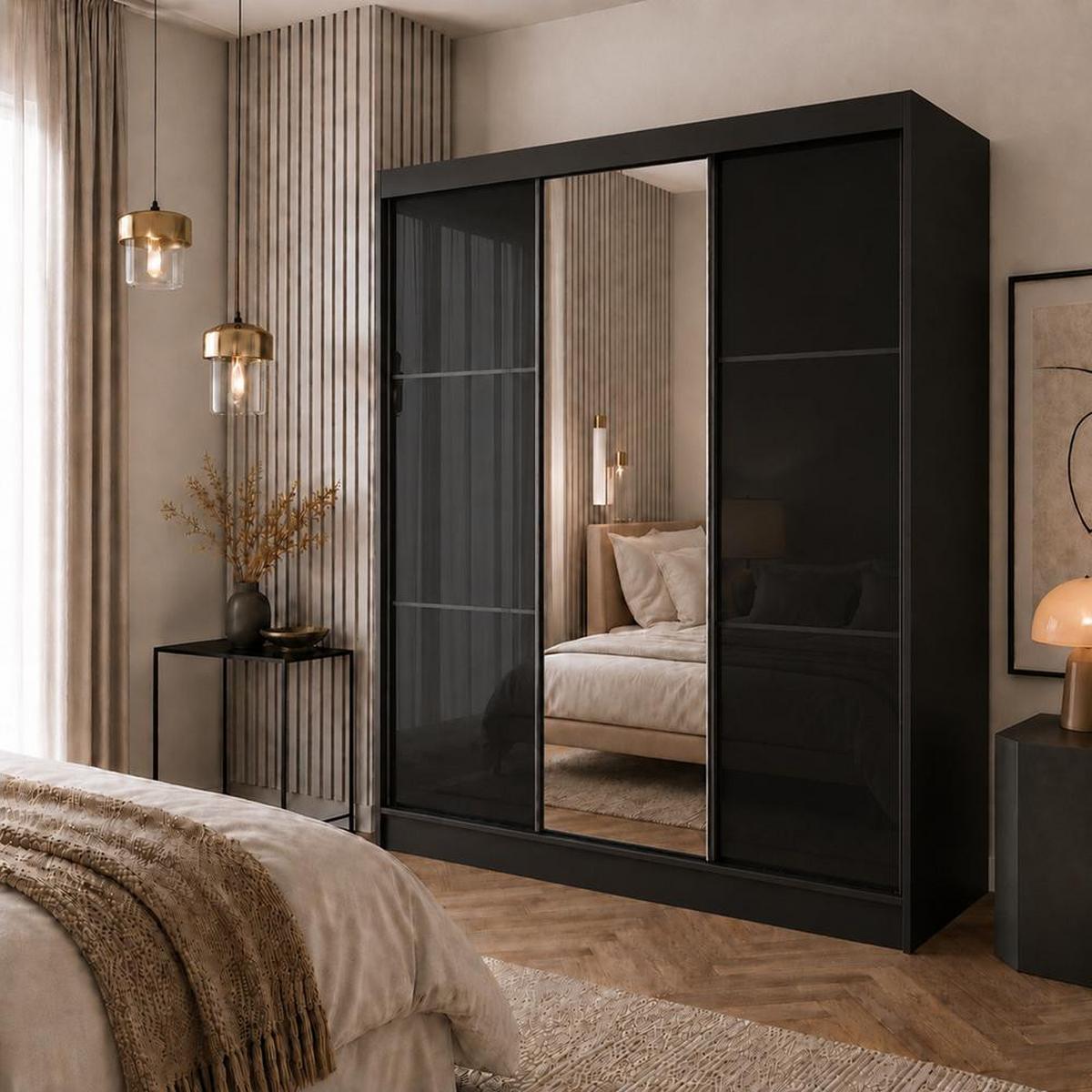 SCHWEBETÜRENSCHRANK Viva 180/216/61 Schwarz mit Lacobel-Glas - Schwarz, Holzwerkstoff (180/216/61cm) - Beautysofa