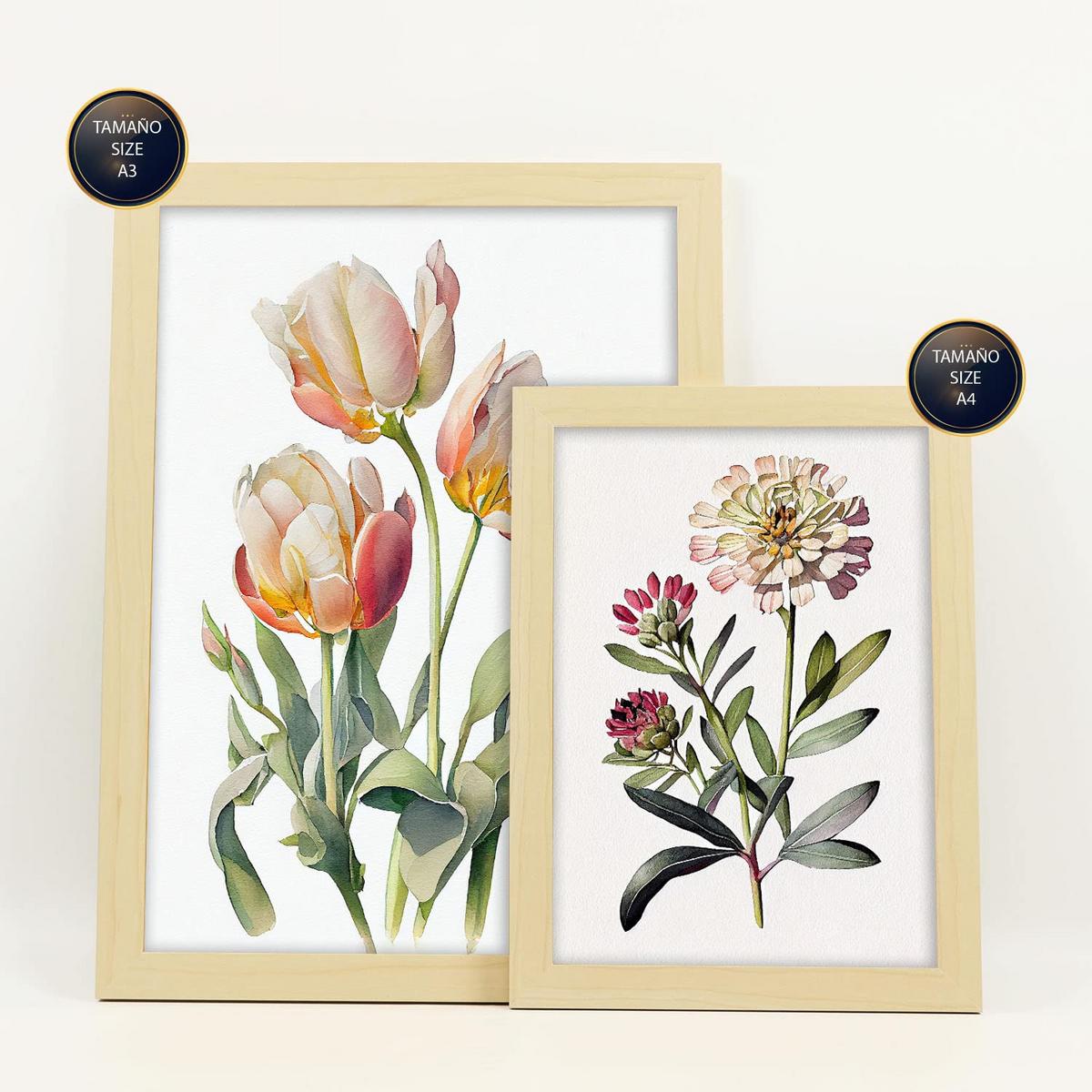 POSTER Set Mit 6 Pastellblumen Vollfarbige Natur Und Botanikdrucke Mit Blumenmotiven Auf Reinweißen Hintergründen A3 & A4 Rahmen Aus Hellem Holz - Beige, Papier (29/3cm) - Nacnic