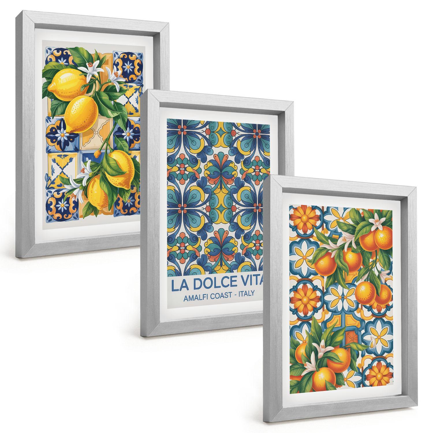 BILDER SET 3er Set - 20x30 cm Silberner Rahmen - Zitronen-Orangenblütenmuster - Silberfarben, Kunststoff (20/30cm) - TULUP