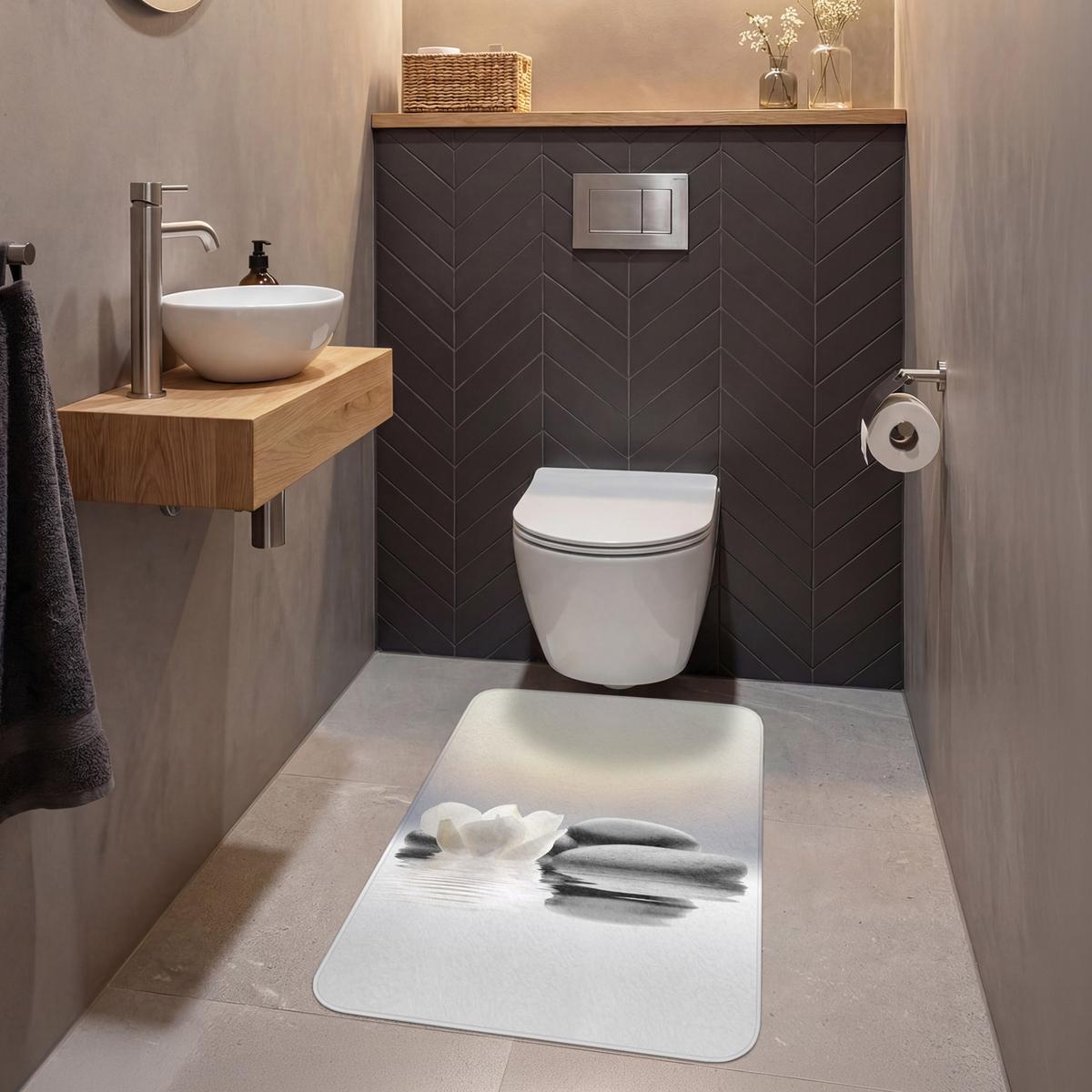 WC-VORLEGER Steine - Lotus - Weiß - Wasser - Zen Toilettenvorleger 60x90 cm - Weiß, Textil (60/1cm) - OnlyWow