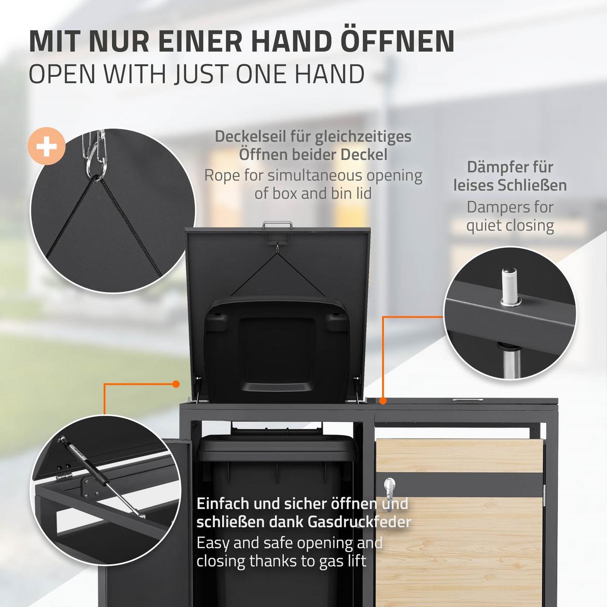 MÜLLTONNENBOX 3er Anthrazit-Holzoptik - Hellbraun, Metall (200/120/80cm) - ML-DESIGN