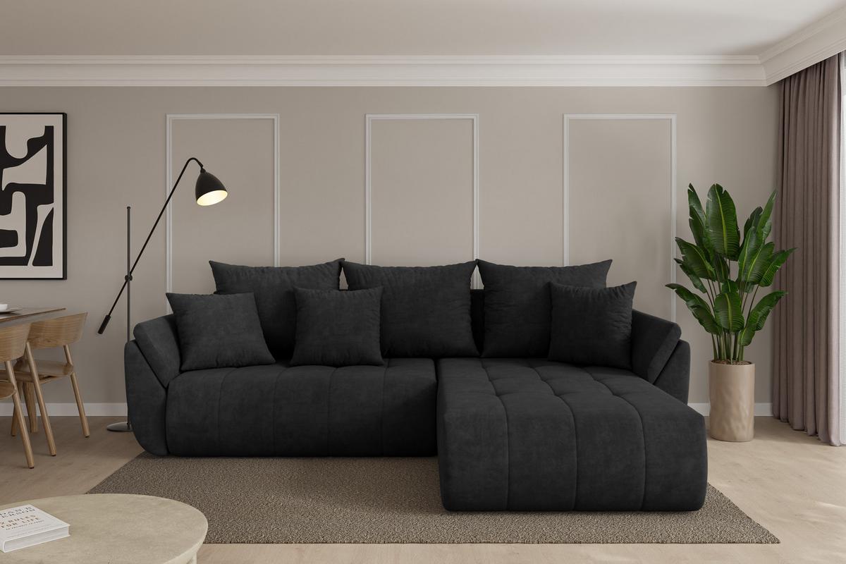 ECKSOFA mit Schlaffunktion Ottomane Rechts TOKO-L 277x194x86 Schwarz Velours - Schwarz, Holzwerkstoff/Kunststoff (277/194cm) - ALTDECOR