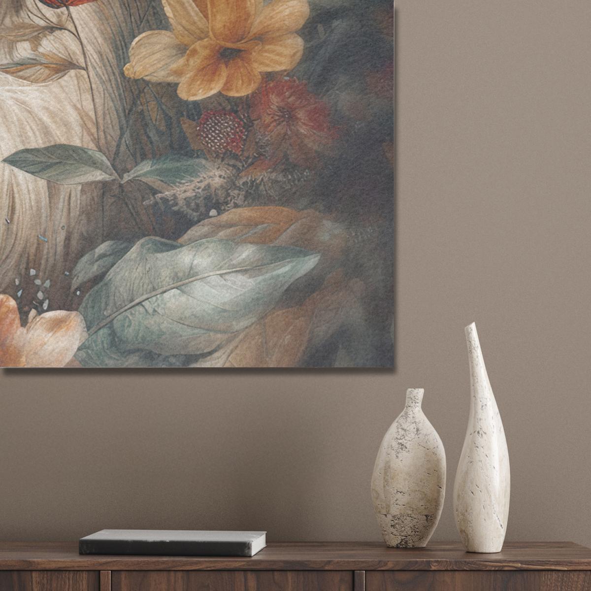 AKUSTIKBILD Löwe - Wildtiere - Pflanzen - Natur - Blumen Wandbild Wohnzimmer 100x70 cm - Beige, Kunststoff (100/70/0.9cm) - MuchoWow