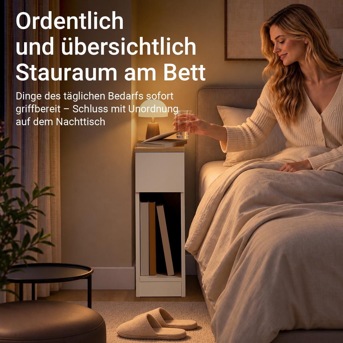 NACHTTISCH schmal mit Schublade, Konsolentisch, Weiß-Natur, 20x35x60 cm, nur 20 cm tief, offene Fächer, Flur/Sofa/Büro/Balkon - Weiß, Holzwerkstoff (20/60/35cm) - SoBuy