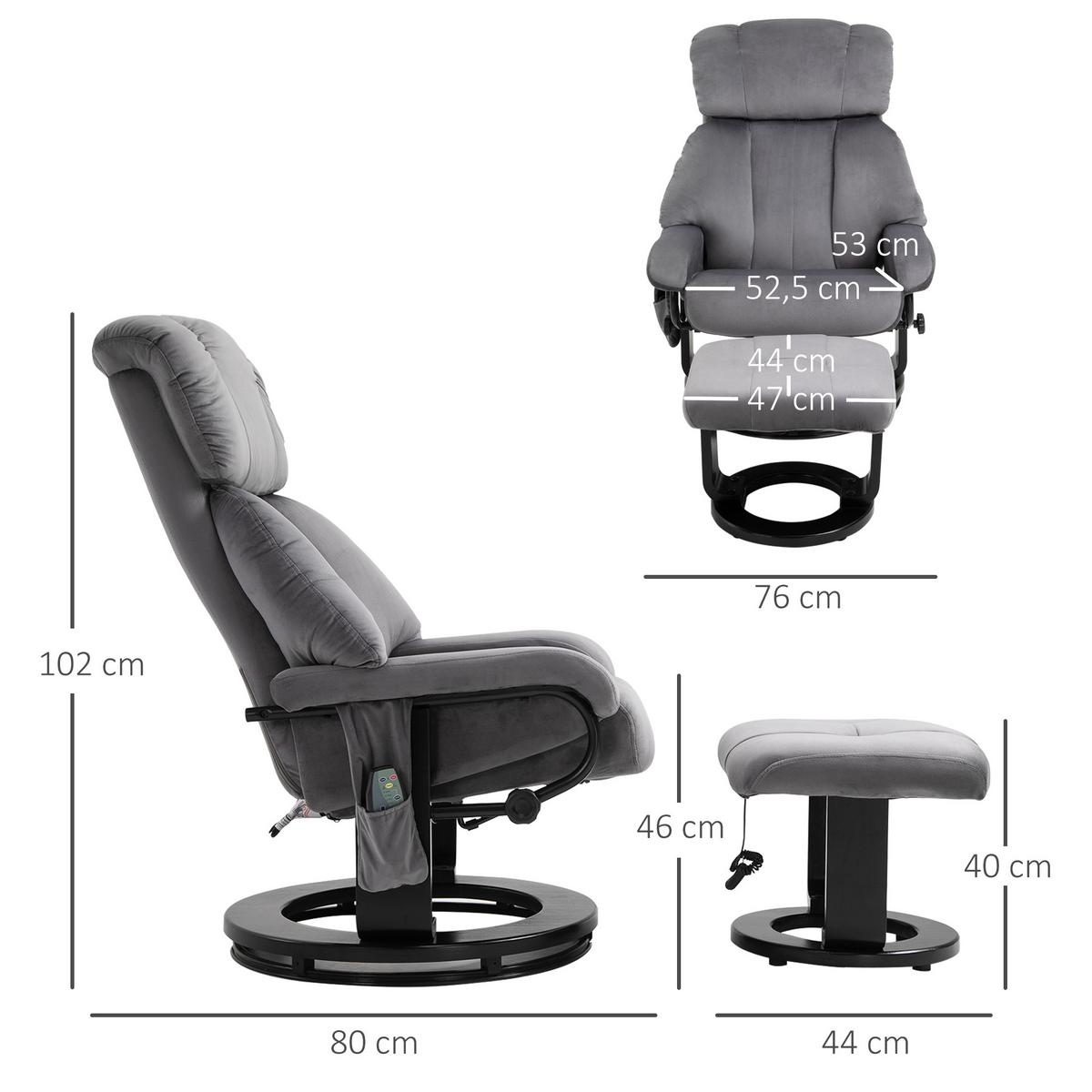 MASSAGESESSEL inkl. Hocker Fernsehsessel drehbar Relaxsessel Samt-Touch Grau - Schwarz/Grau, Textil/Metall (80/102/76cm) - HOMCOM