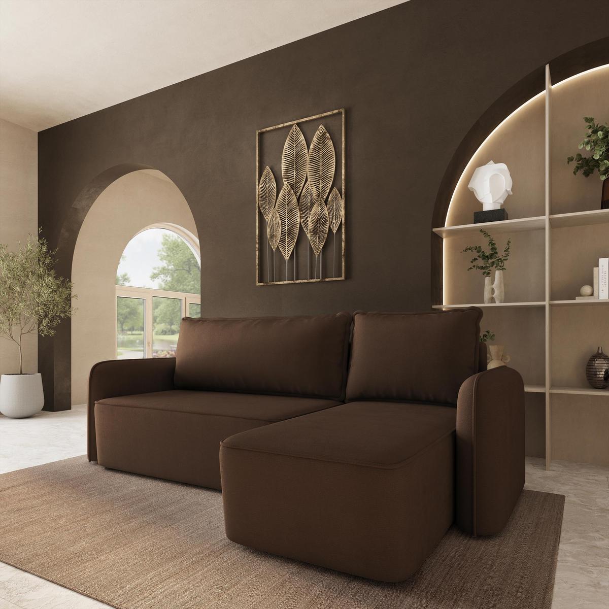 ECKSOFA DOLVER Braun Plüsch-Stoff mit Schlaffunktion - Braun, Holz (238/156cm) - MASSENO