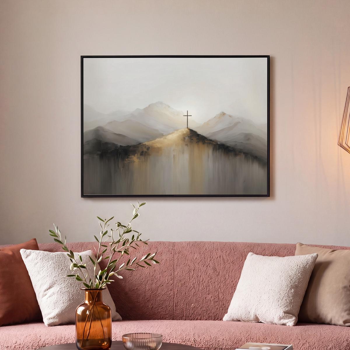 LEINWAND Bilder mit Rahmen - Hügel - Abstrakt - Kreuz - Christentum - 80x60 - Beige, Textil (80/60cm) - MuchoWow