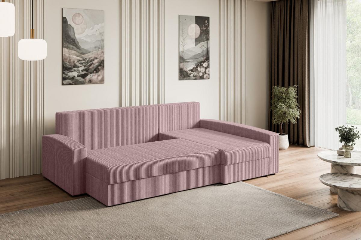 ECKSOFA mit Schlaffunktion und Bettkasten ALESIA-L 231x140x90 cm Rosa Cord - Silberfarben/Rosa, Holzwerkstoff/Kunststoff (231/140cm) - ALTDECOR