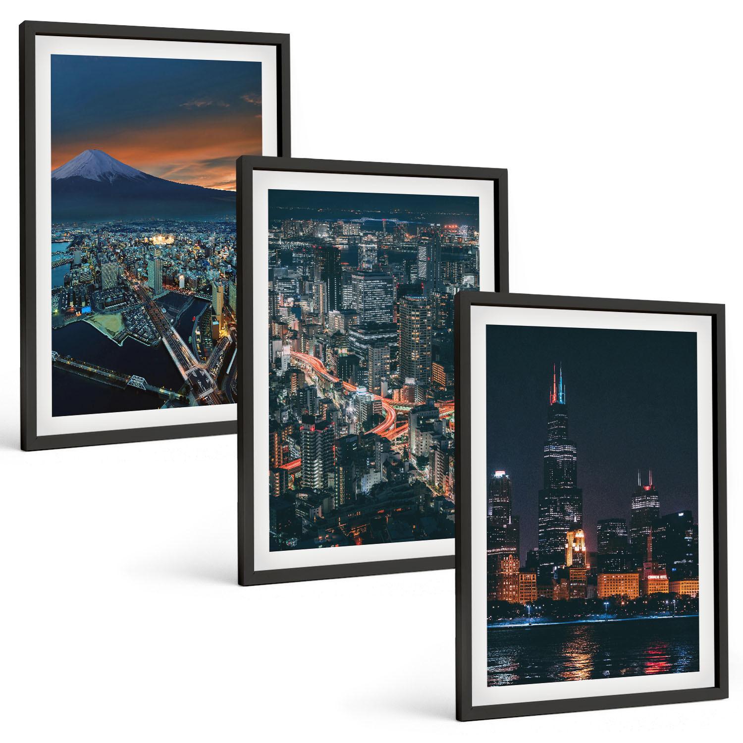 BILDER SET 3er Set - 40x60 cm Schwarzer Rahmen - Bergpanorama der Stadt bei Nacht - Schwarz, Kunststoff (40/60cm) - TULUP