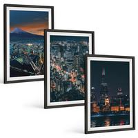 BILDER SET 3er Set - 40x60 cm Schwarzer Rahmen - Bergpanorama der Stadt bei Nacht - Schwarz, Kunststoff (40/60cm) - TULUP