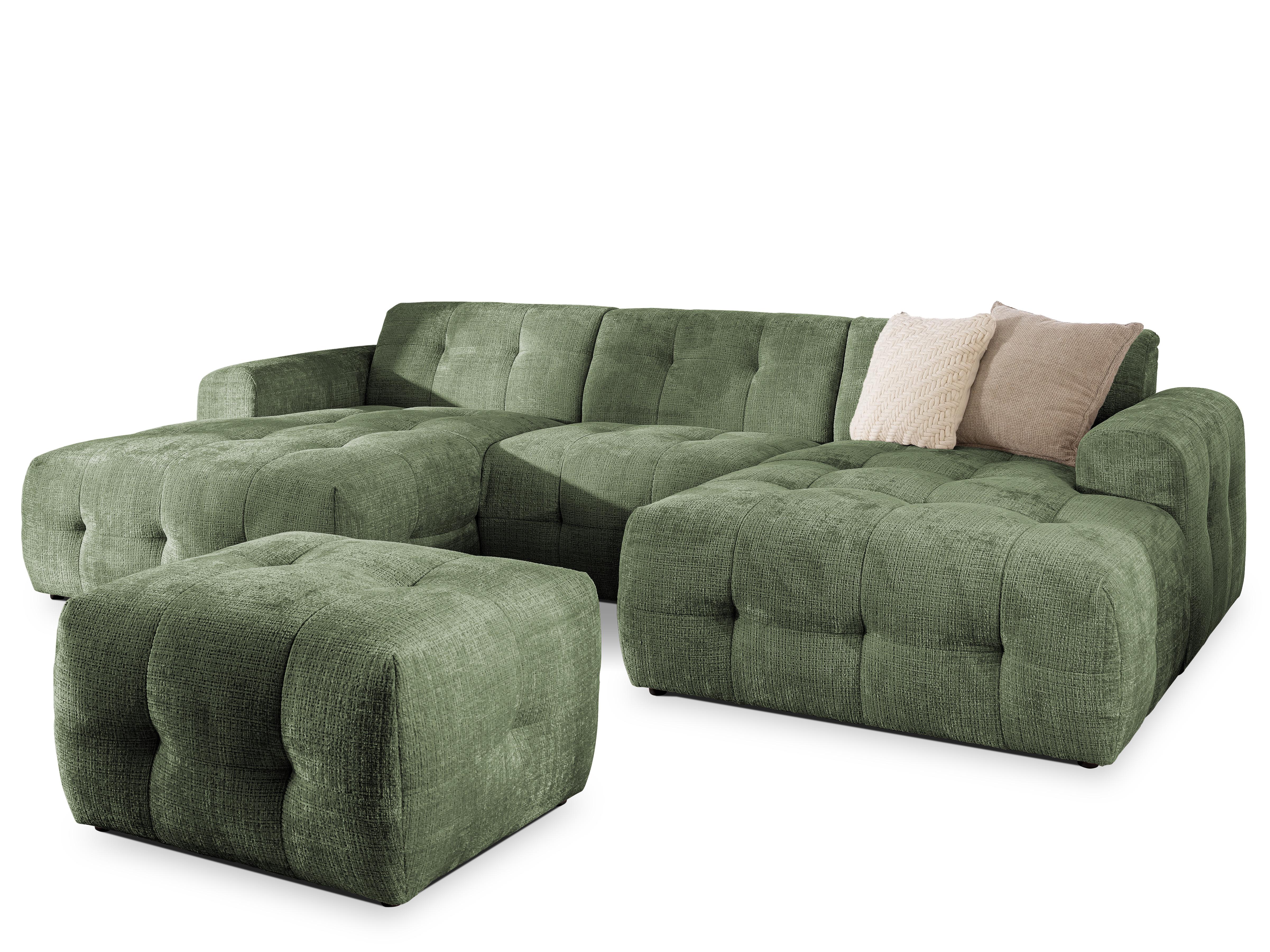 WOHNLANDSCHAFT inkl. Hocker Kozy im Bumpy-Design mit Schlaffunktion und fester Rückenlehne aus weichem Grün Chenille-Stoff - Schwarz/Grün, Holz/Kunststoff (323/79/161cm) - S-Style