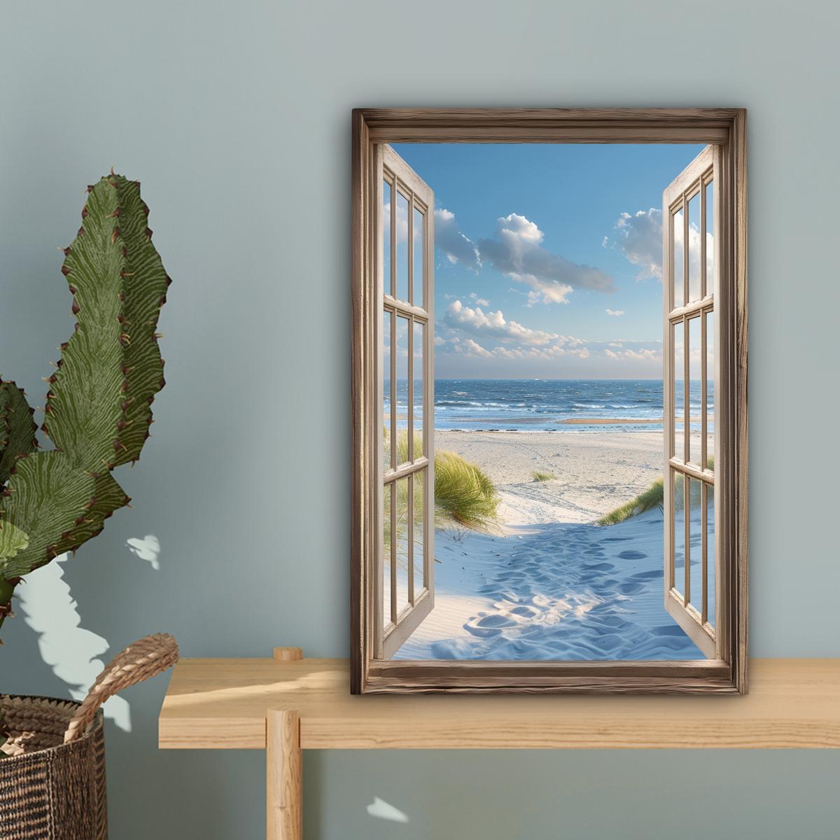LEINWANDBILD Aussicht - Strand - Fenster - Dünen - Meer Deko Wohnzimmer 20x30 cm - Hellblau, Textil (20/30cm) - MuchoWow