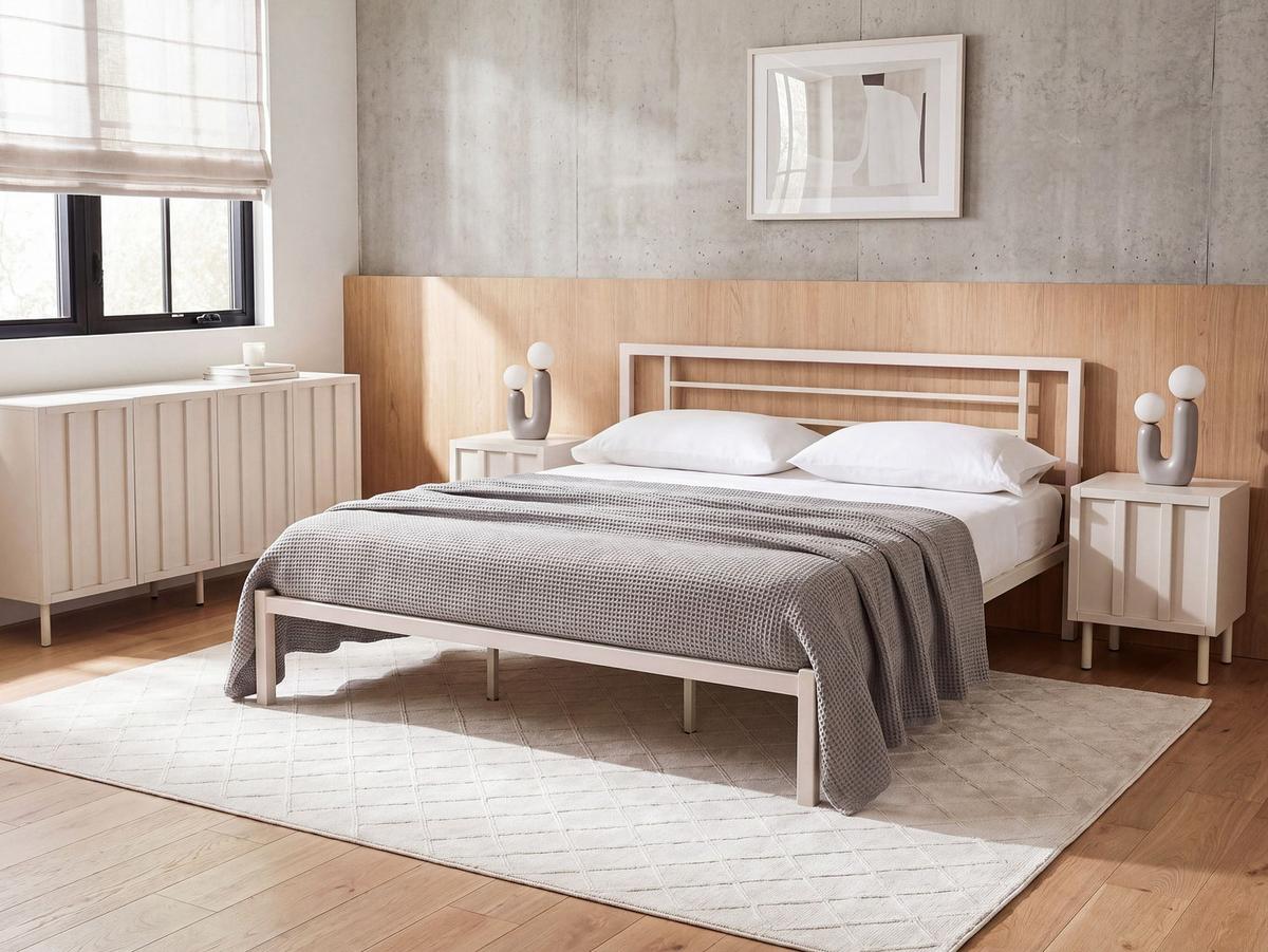 BETT mit Lattenrost 180/200 Stahl Hellbeige Cusset - Beige, Metall (180/200cm) - Beliani