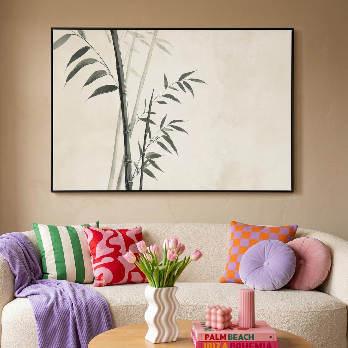 LEINWAND Bilder mit Rahmen - Japandi - Bambus - Beige - 120x80 - Eukalyptusholzfarben, Textil (120/80cm) - MuchoWow