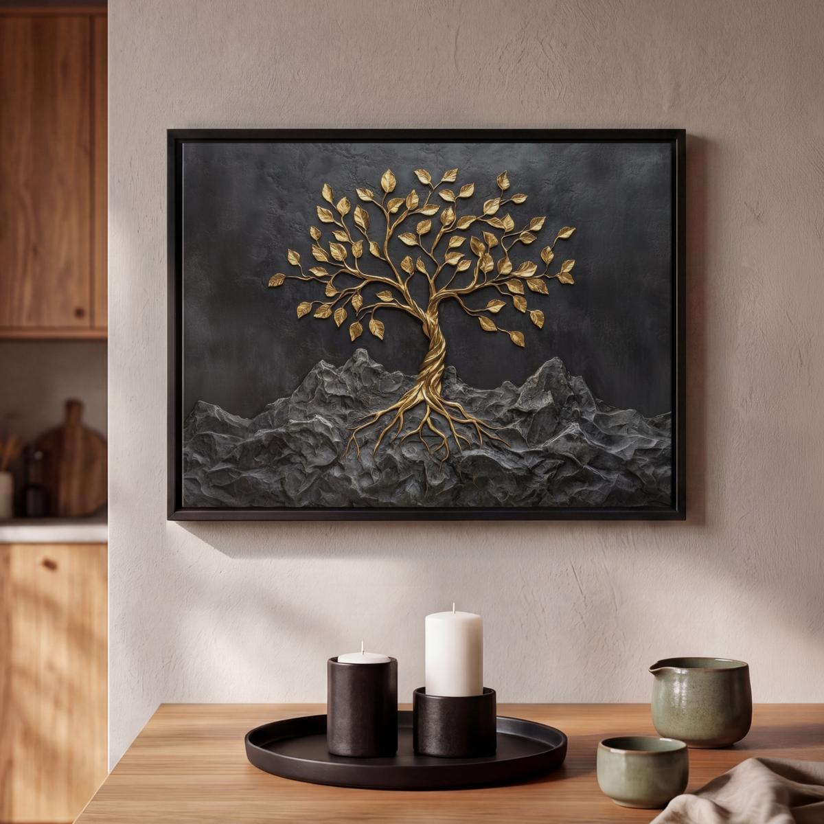 LEINWAND Bilder mit Rahmen - Blätter - Gold - Baum - Fels - 40x30 - Schwarz, Textil (40/30cm) - MuchoWow