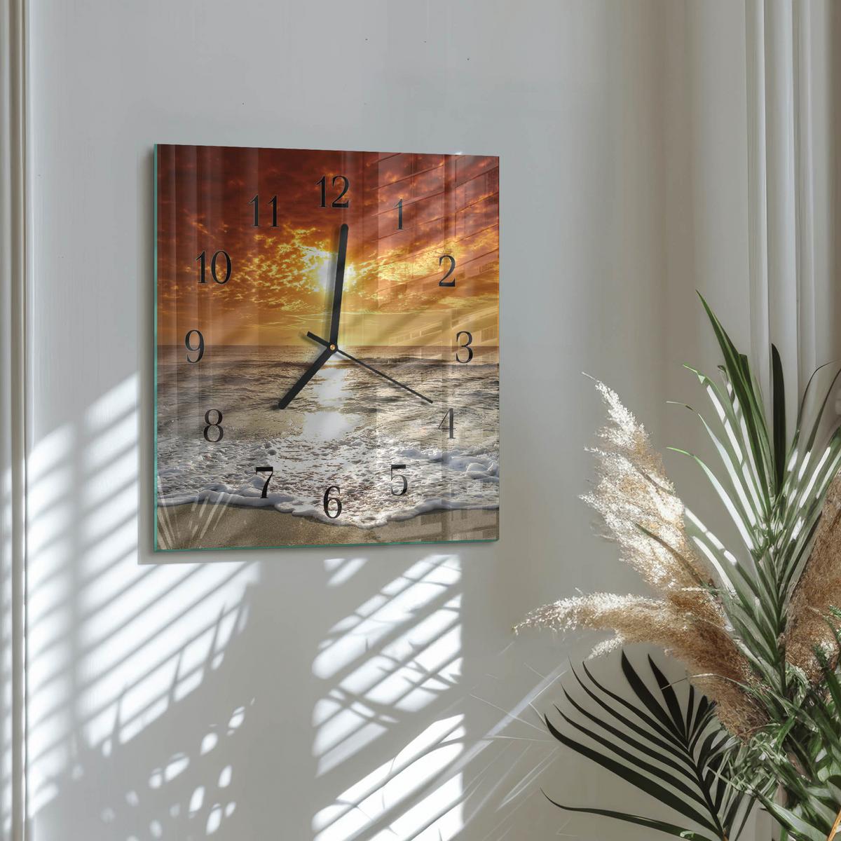 WANDUHR aus Glas 30x30 cm - Strand Meer - Orange, Glas (30/30/0.4cm) - TULUP