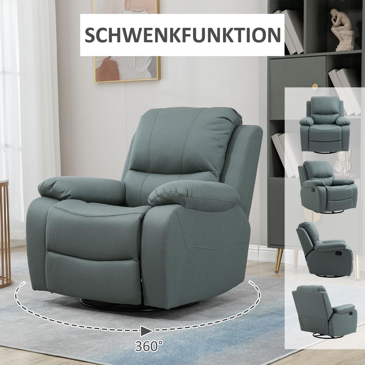 RELAXSESSEL Liegesessel 135° neigbar mit Wippfunktion drehbar mit Fußstütze Grün - Schwarz/Grün, Textil/Metall (100/98/93cm) - HOMCOM