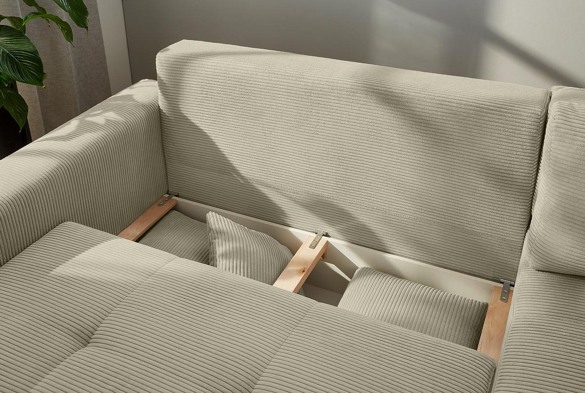 ECKSOFA-DAUERSCHLÄFER Boxspring Federkern Topper Bettkasten, seitenverkehrt montierbar B257/T206/H85 cm, Cord Beige Grau / 15212 - Greige/Eichefarben, Holz/Textil (257/206cm) - luma-home