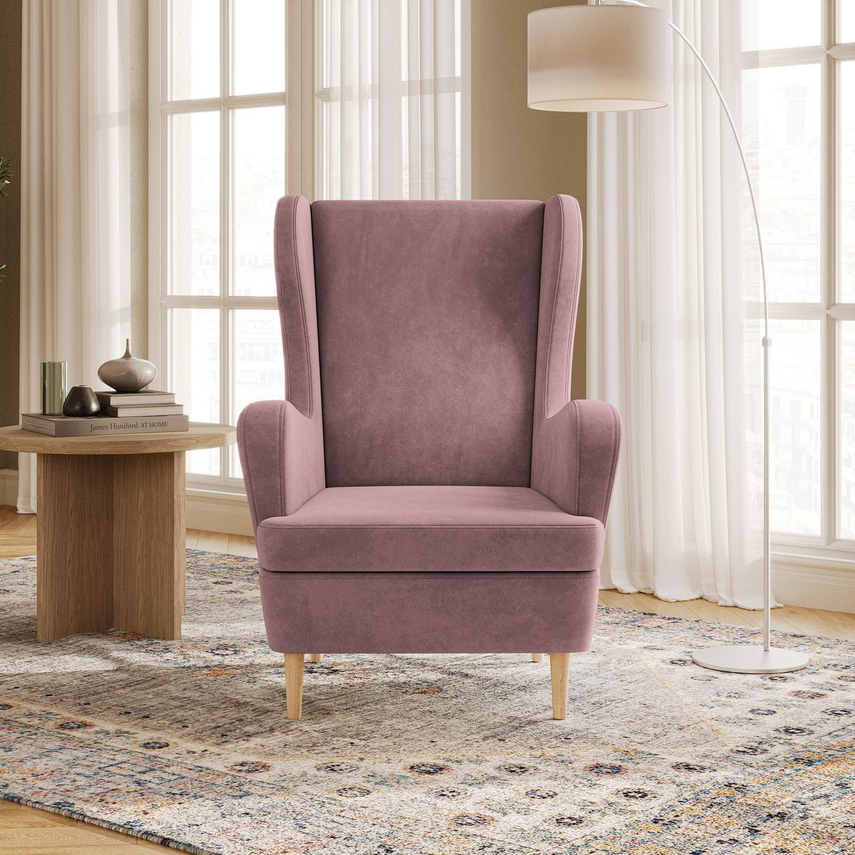 SESSEL VOGERA Ohrensessel Polstersessel, Rosa - Pink/Eichefarben, Holzwerkstoff (78/103/85cm) - MASSENO