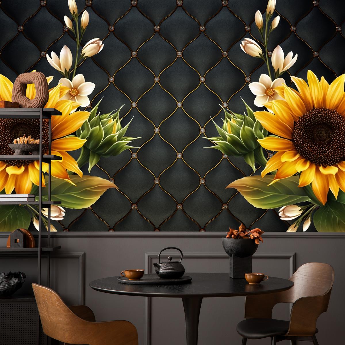 FOTOTAPETE für Küche Blume Sonnenblumen auf gestepptem Hintergrund 100x70 - Gelb/Schwarz, Papier (100/70cm) - Muralo
