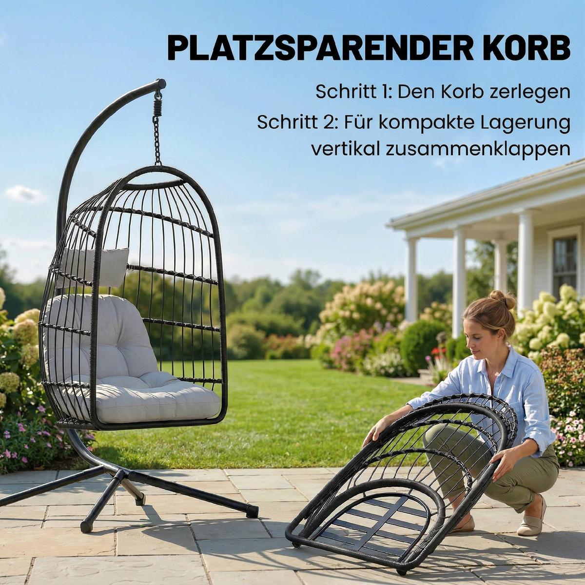 HÄNGESESSEL Metall PE-Rattan Hellgrau - Hellgrau/Schwarz, Textil/Metall (101/196/105cm) - Outsunny