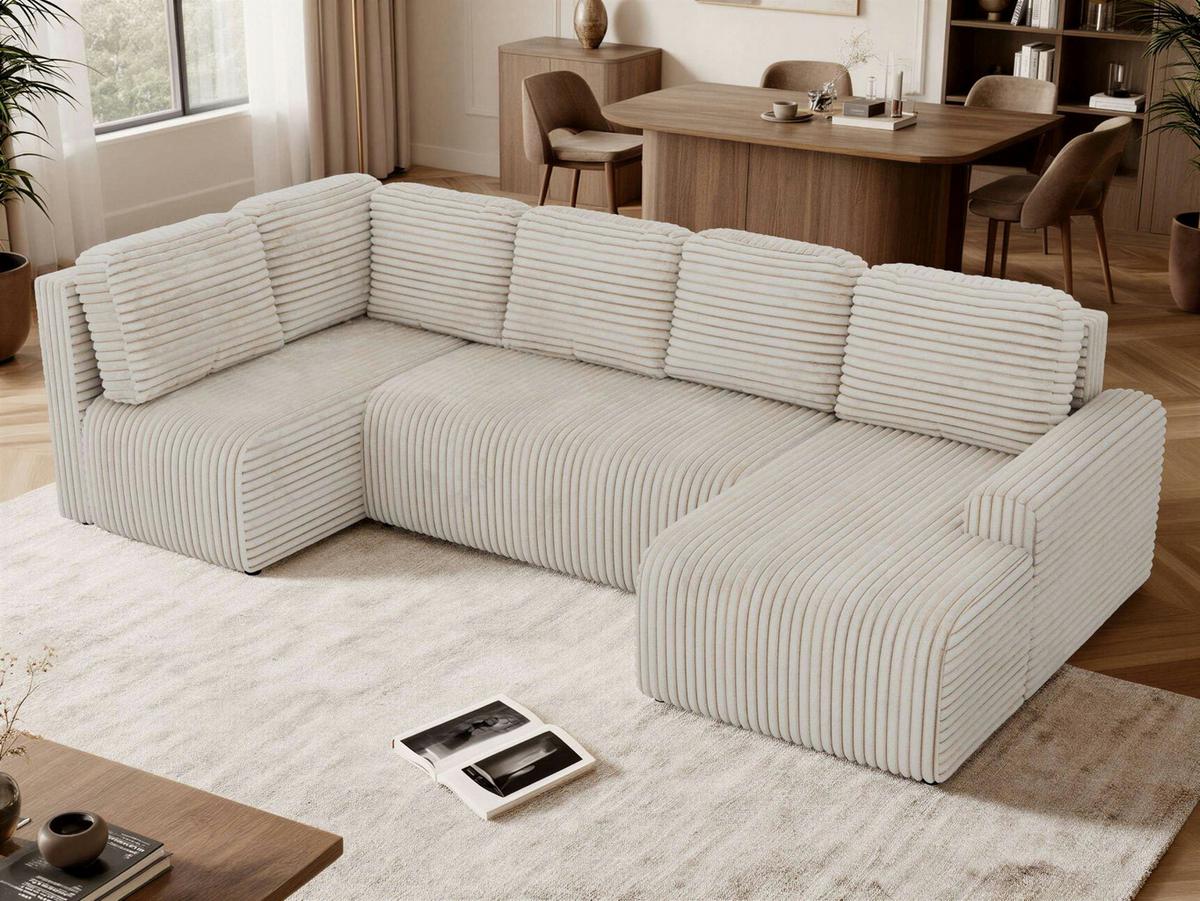WOHNLANDSCHAFT NESSARO COR U Beige Cord - Links Seite - Beige/Schwarz, Kunststoff/Textil (307/92/151cm) - MKS