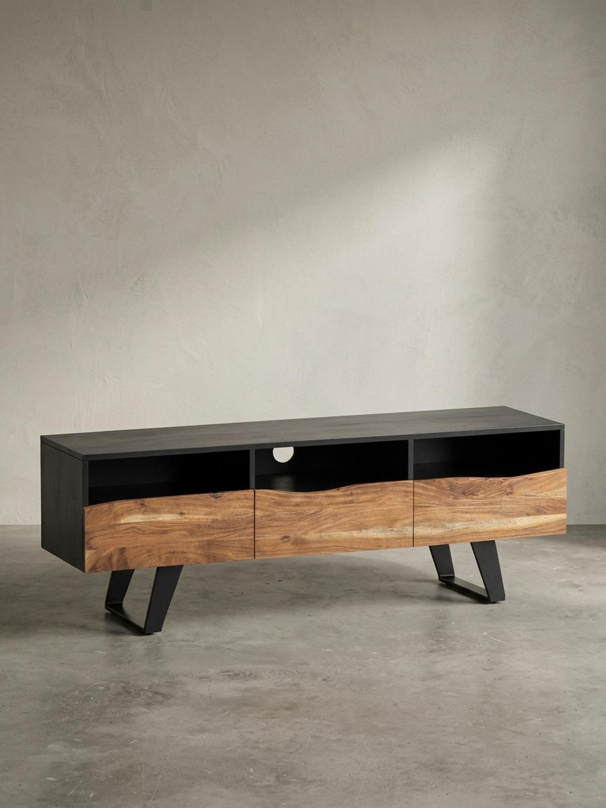 LOWBOARD Akazie Massivholz Modern Stil 140x50x40 cm Baumkante mit Schublade und Türen - Schwarz, Holz/Metall (140/50/40cm) - KADIMA DESIGN