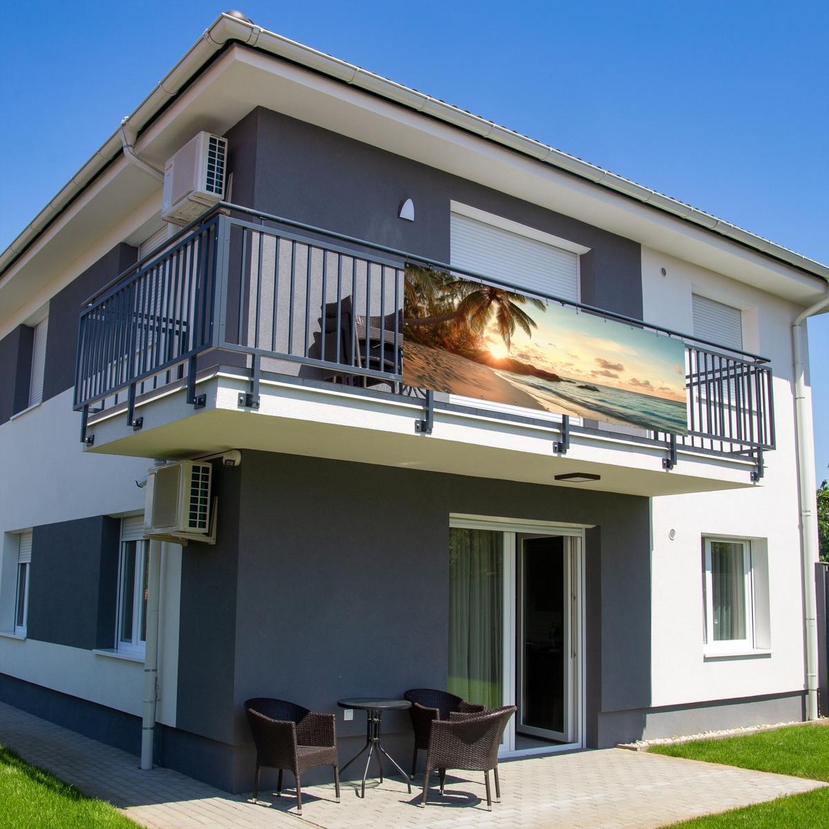 BALKON-SICHTSCHUTZ Strand - Palmen - Meer - Sonnenuntergang Balkon Deko 300x110 cm - Samtahornfarben, Kunststoff (300/110cm) - MuchoWow