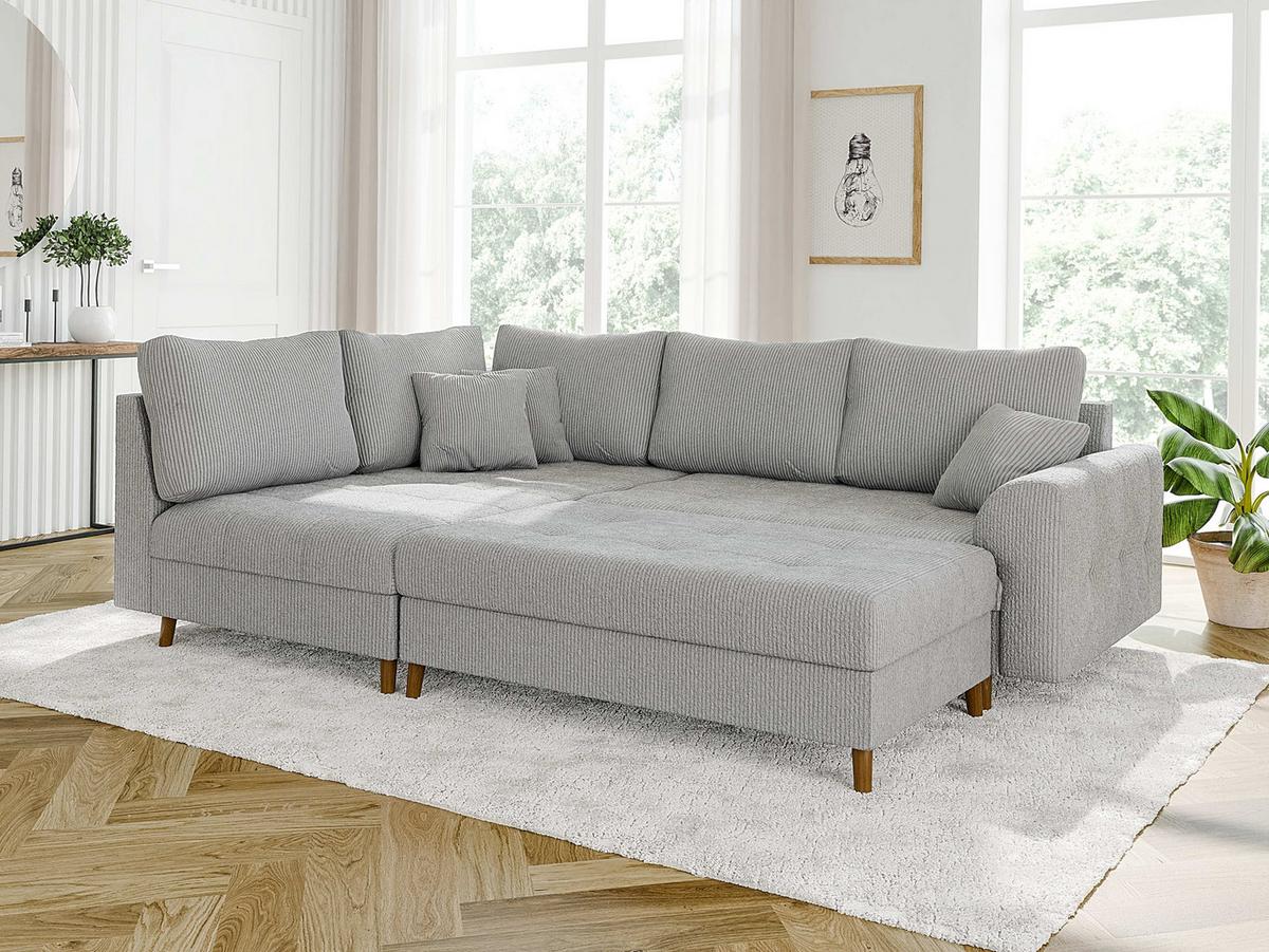 ECKSOFA inkl. Hocker Alma Hellgrau Cord - Ottomane links - Hellgrau/Braun, Holz/Textil (231/161cm) - S-Style Möbel