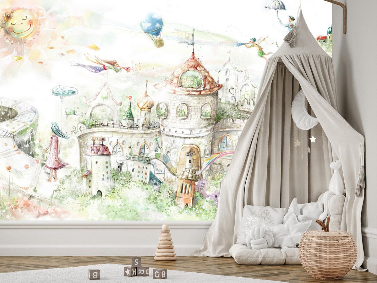 FOTOTAPETE für Kinderzimmer Märchenstadt Schloss Magisch 400x280 - Blau/Gelb, Papier (400/280cm) - Muralo