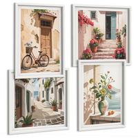 BILDER SET 4er Set - 50x50 cm & 40x60 cm Weißer Rahmen - Straßenblumen, Fahrrad bemalt - Weiß, Kunststoff (50/50cm) - TULUP