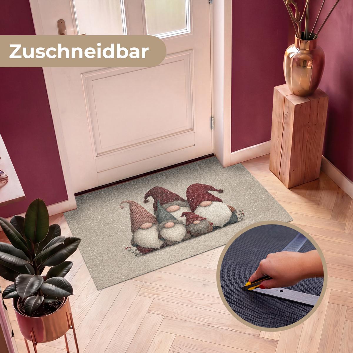 FUSSMATTE Wichtel - Weihnachten - Schnee - Zipfelmützen Türmatte 120x80 cm - Beige, Kunststoff (120/0.4cm) - MuchoWow