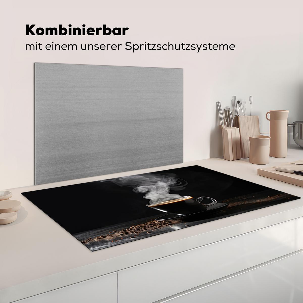 HERDABDECKPLATTE Kaffee - Schwarz - Bohnen - Heiß - Tasse Induktionsschutz 91.2x52 cm - Schwarz, Kunststoff (91.2/52/0.2cm) - MuchoWow