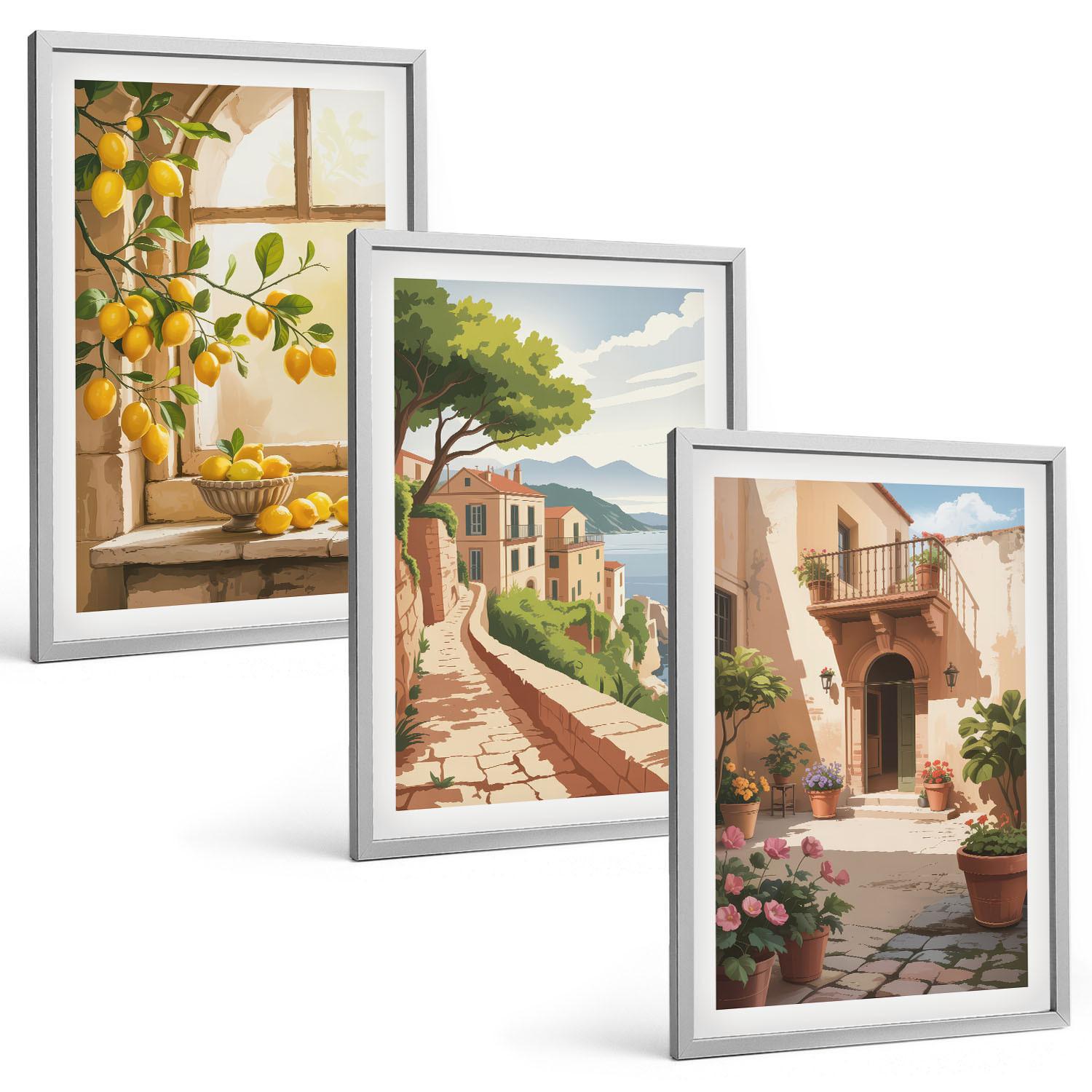 BILDER SET 3er Set - 40x60 cm Silberner Rahmen - Zitrusfrüchte in der Küchenmeerstadt - Silberfarben, Kunststoff (40/60cm) - TULUP