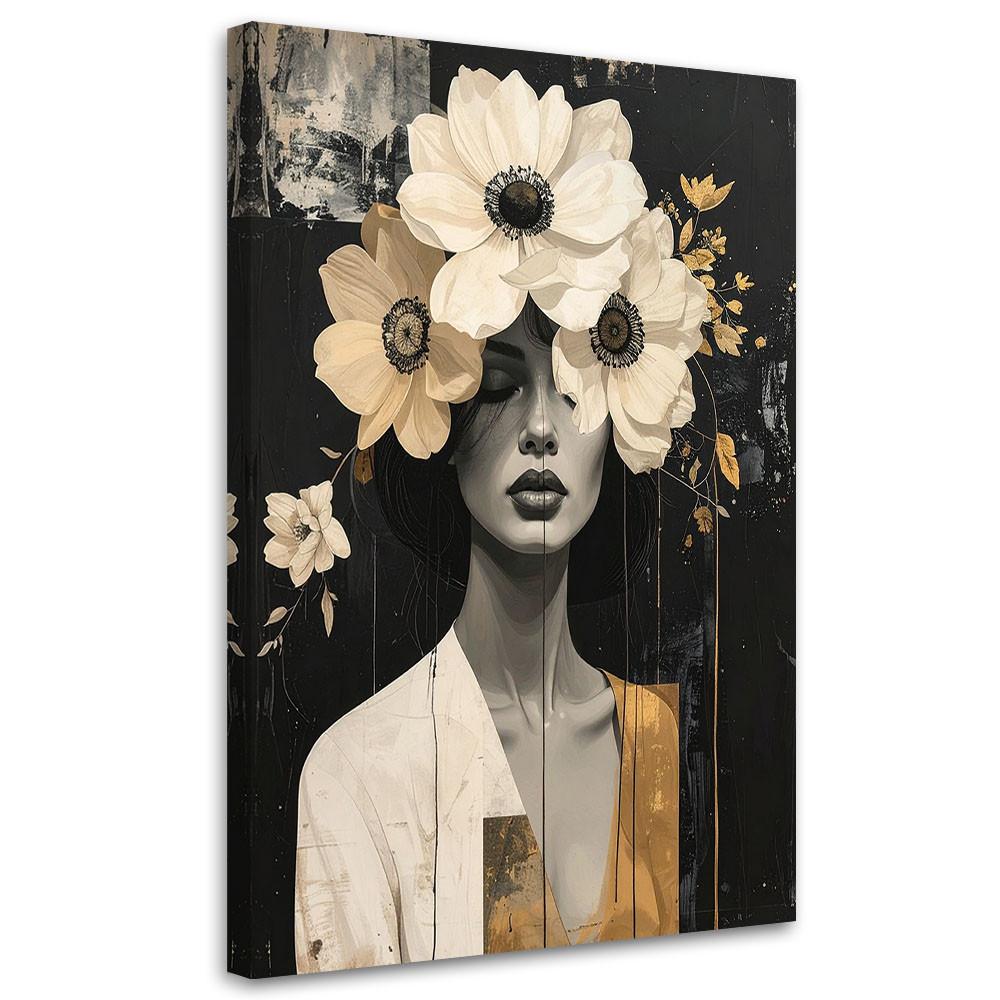 BILD auf Leinwand, Frau mit Blumen in Beige im Boho Stil - Schwarz, Textil (40/60cm) - Feeby