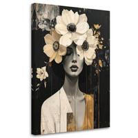 BILD auf Leinwand, Frau mit Blumen in Beige im Boho Stil - Schwarz, Textil (40/60cm) - Feeby