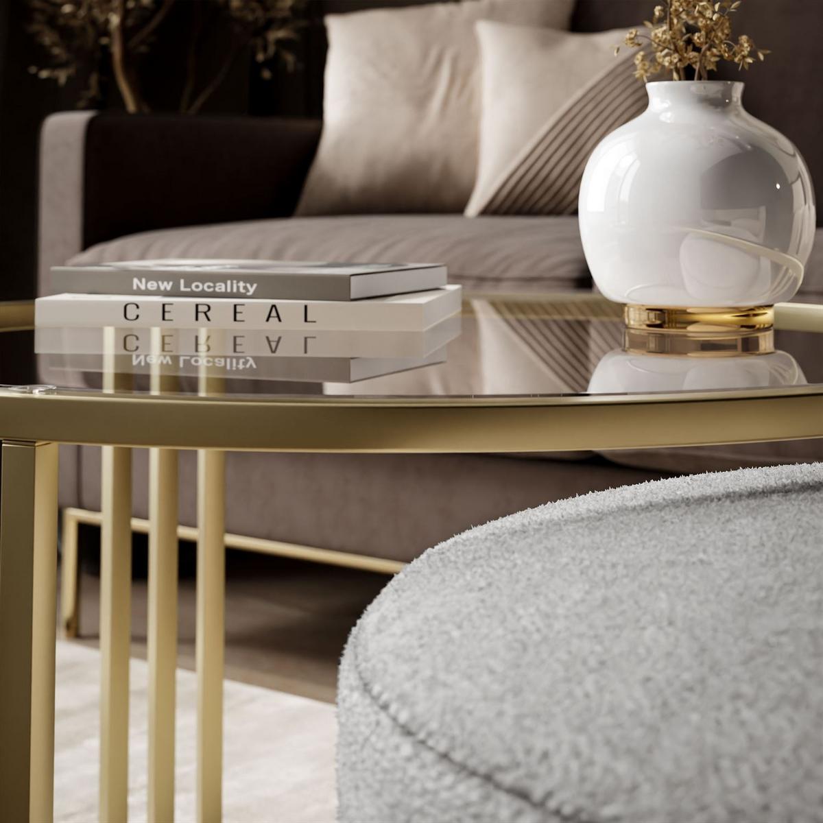 COUCHTISCH mit Hocker LORI GLASS gebürstetes Gold/transparentes Glas/Perfect Harmony 82 - Transparent, Metall (70/70/49cm) - Lookway