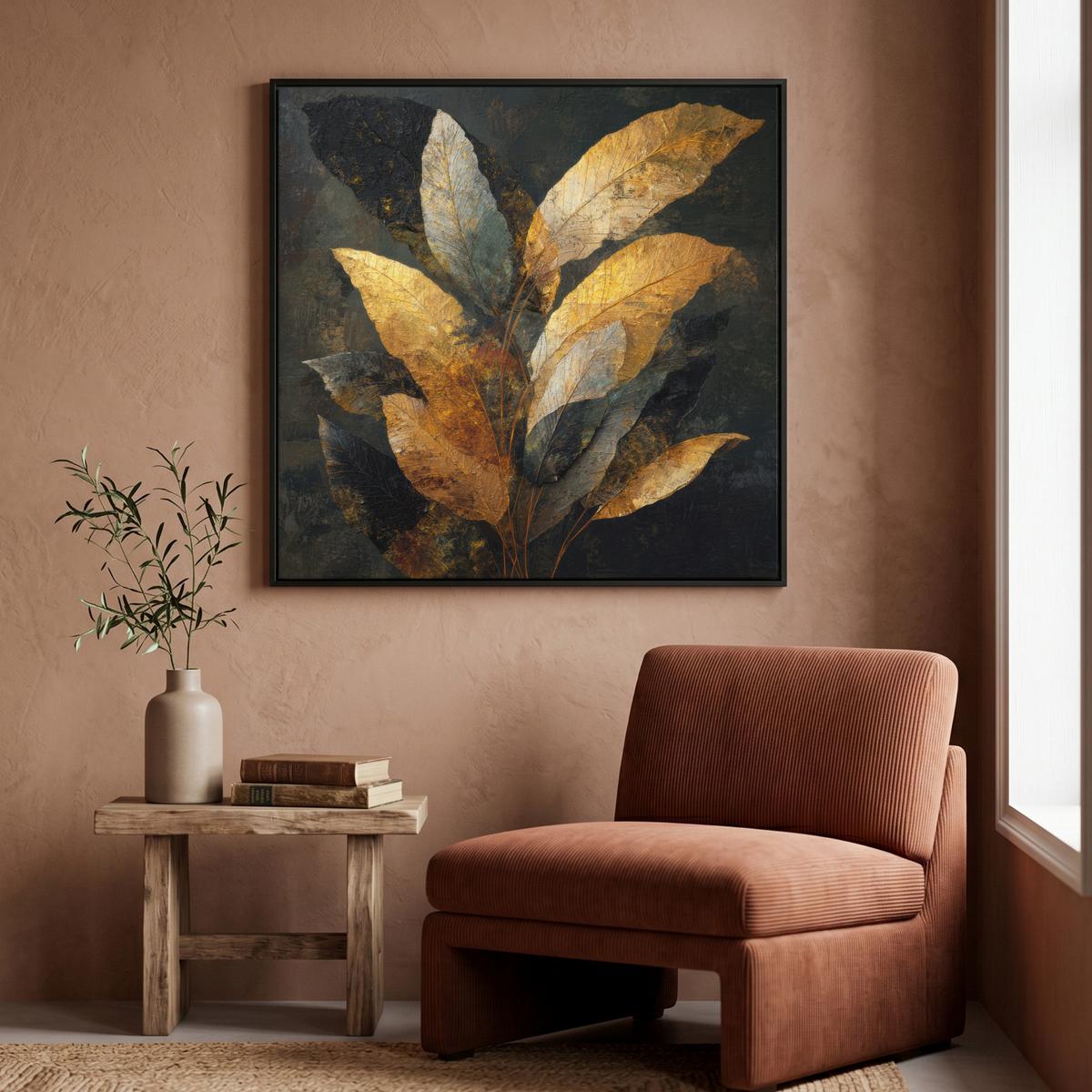 LEINWAND Bilder mit Rahmen - Golden Leaf Komposition - Botanical Luxury - 90x90 - Goldfarben, Textil (90/90cm) - MuchoWow