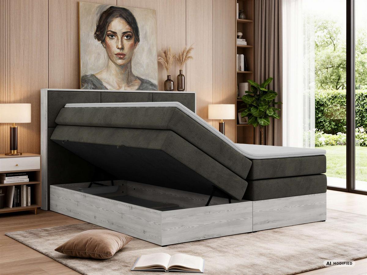 BOXSPRINGBETT DELNOR KING 200/200 - Dunkelgrau Velvet - Topper Visco - H3 - Dunkelgrau/Anthrazit, Kunststoff/Textil (200/200cm) - MKS