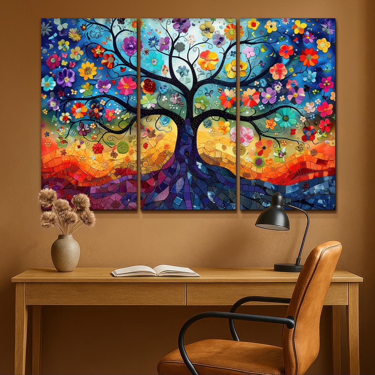 LEINWANDBILD 3er Set Bunt - Baum des Lebens - Blumen - Abstrakt 120x80 cm - Blau, Textil (120/80cm) - MuchoWow