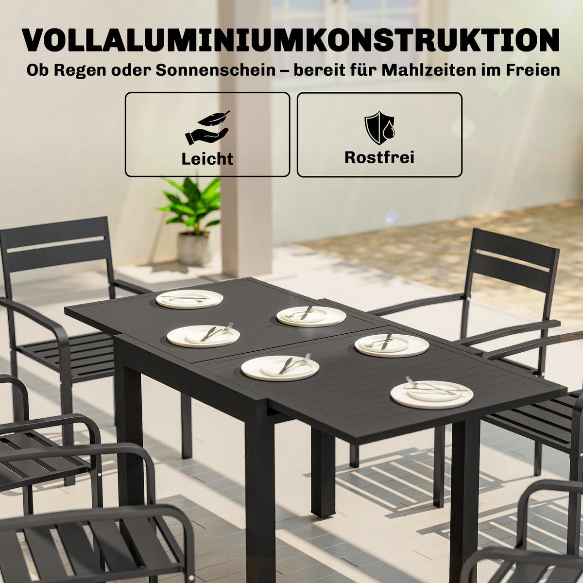 AUSZIEHBARER-GARTENTISCH Aluminium Schwarz - Schwarz, Metall (160/80/75cm) - Outsunny