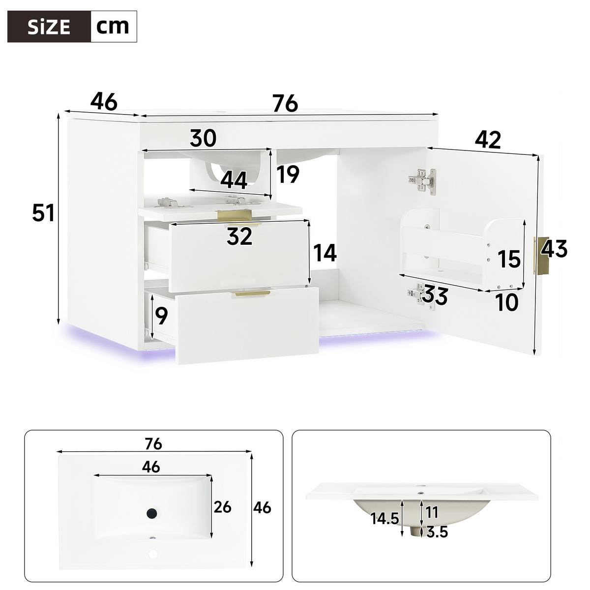 WASCHTISCH mit Unterschrank 76cm Weiß Holzoptik, LED-App & Soft-Close - Weiß, Holzwerkstoff (76/51/46cm) - Urban Meuble