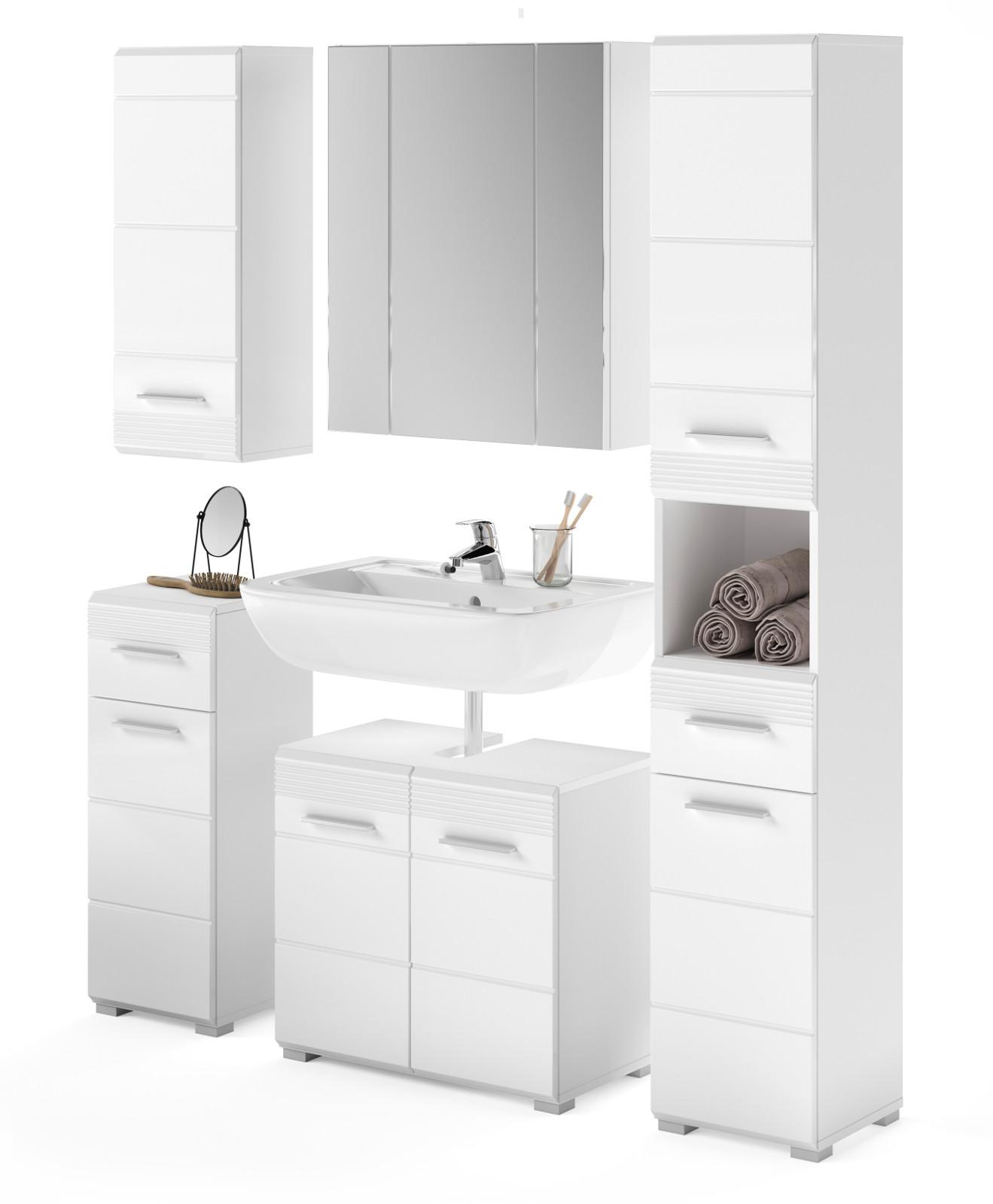 BADMÖBEL-SET weiß Hochglanz 5-teilig 150 cm, Badkombination mit Spiegelschrank - Weiß Hochglanz, Glas/Holzwerkstoff (150/182/34cm) - Inn.Furn