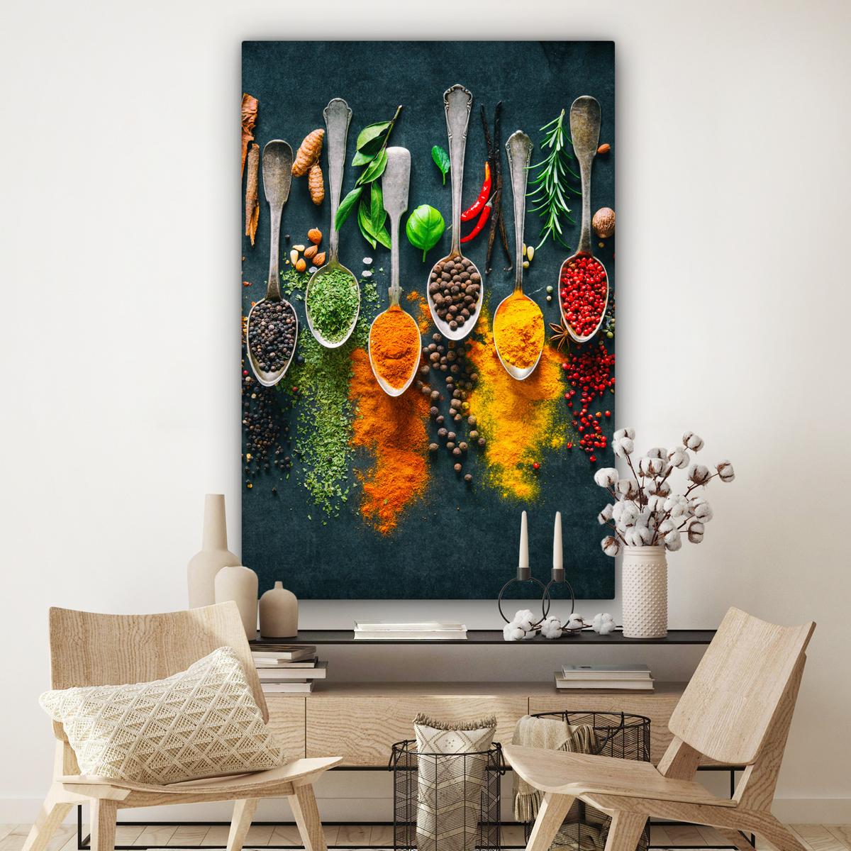 LEINWANDBILD Kräuter - Gewürze - Löffel Deko Groß 90x140 cm - Currygelb, Textil (90/140cm) - MuchoWow
