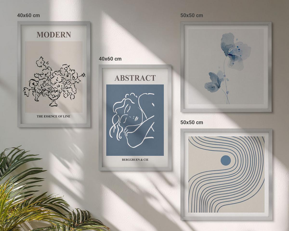 BILDER SET 4er Set - 50x50 cm & 40x60 cm Silberner Rahmen - abstrakte Poster mit Blumenlinien - Silberfarben, Kunststoff (50/50cm) - TULUP