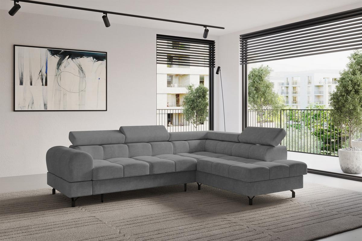 ECKSOFA mit Schlaffunktion Ottomane Rechts LUMA-L 272x203x70 Grau Velours - Schwarz/Grau, Holzwerkstoff/Kunststoff (203/272cm) - ALTDECOR