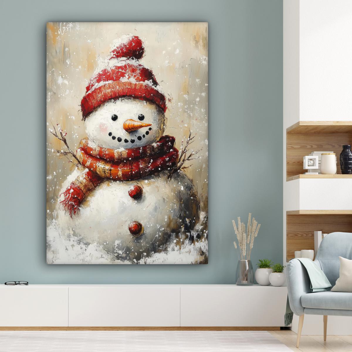 LEINWANDBILD Schneemann - Winter - Schnee - Beige Deko Groß 90x140 cm - Weiß, Textil (90/140cm) - MuchoWow