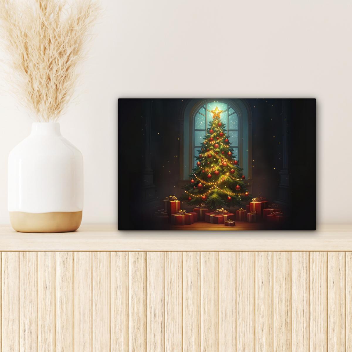 LEINWANDBILD Weihnachtsbaum - Geschenk - Winter Deko Schlafzimmer 30x20 cm - Grün, Textil (30/20cm) - MuchoWow