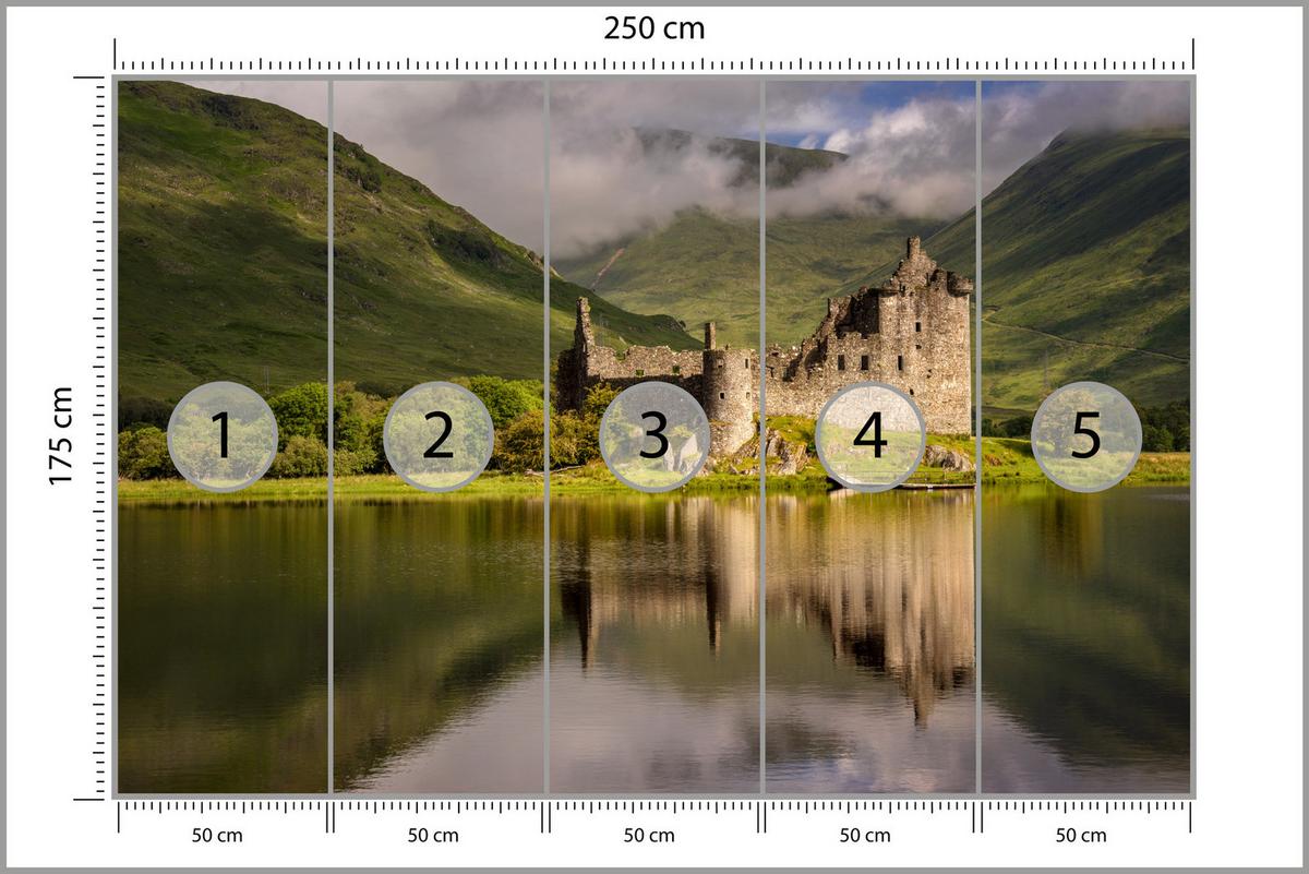 FOTOTAPETE Burgruine Kilchurn See Landschaft 3D 250x175 - Beige/Braun, Papier (250/175cm) - Muralo
